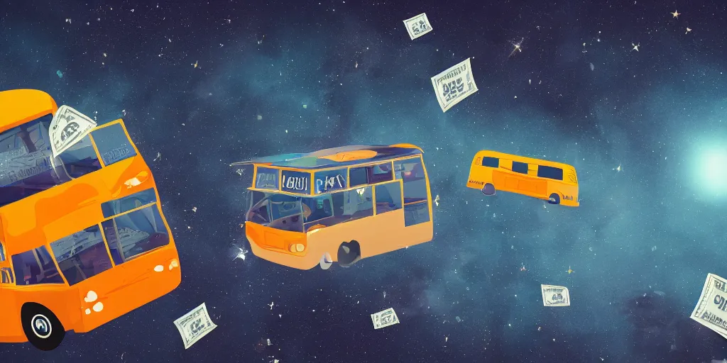 Image similar to a bus driving in outer space with money flying out of the bus windows. illustrated, high resolution 4k