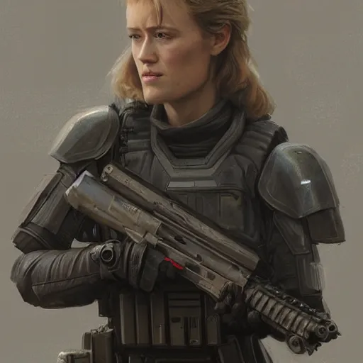 Image similar to portrait of a woman by greg rutkowski, she looks like mackenzie davis, impeccable military composure, wearing tactical gear of the galactic alliance, star wars expanded universe, she is about 6 0 years old, highly detailed portrait, digital painting, artstation, concept art, smooth, sharp foccus ilustration, artstation hq