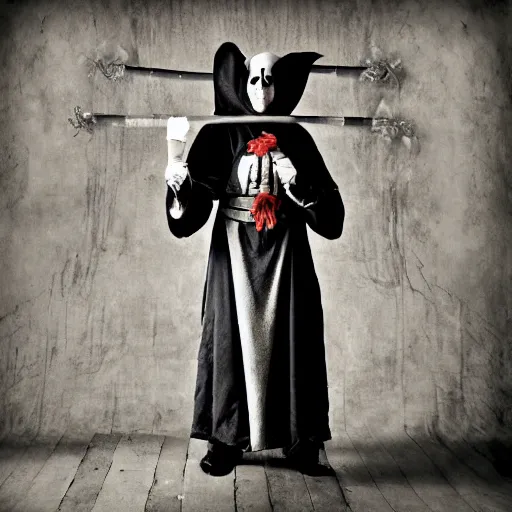 Image similar to medieval jester, sinister, photograph, portrait,