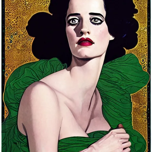 Image similar to portrait by joshua middleton of the young actress, eva green as queen of the emerald dead, vamp, elegant, decadent, stylised comic art, klimt, mucha, 1 9 7 0 s poster,