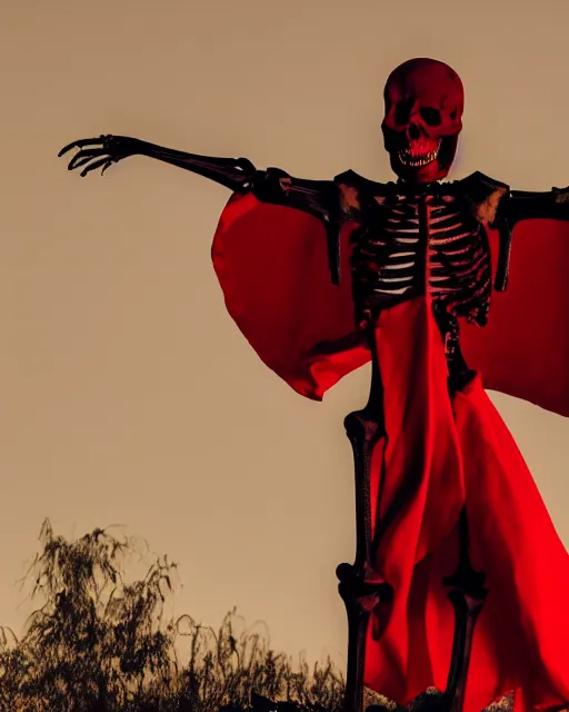 Image similar to A skeleton dressed in a red dress standing in front of a full moon with a black cape and a red cape over his head