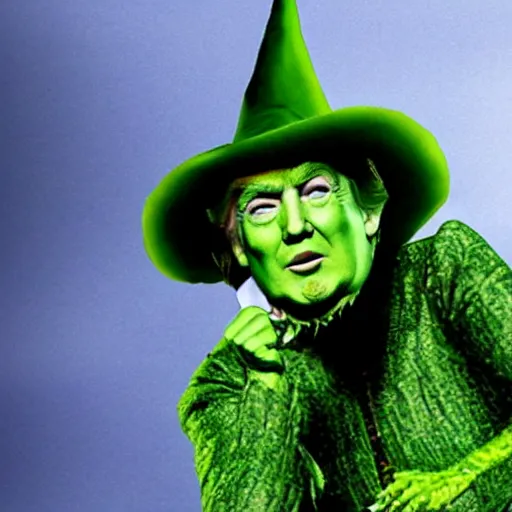 Image similar to trump in the style of wicked witch of the west with green skin, high quality movie still