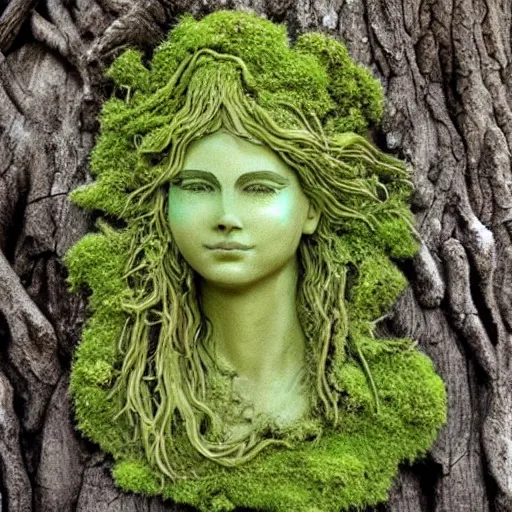 Image similar to mother nature made from a tree, emerging goddess, highly detailed, mossy, flower hair