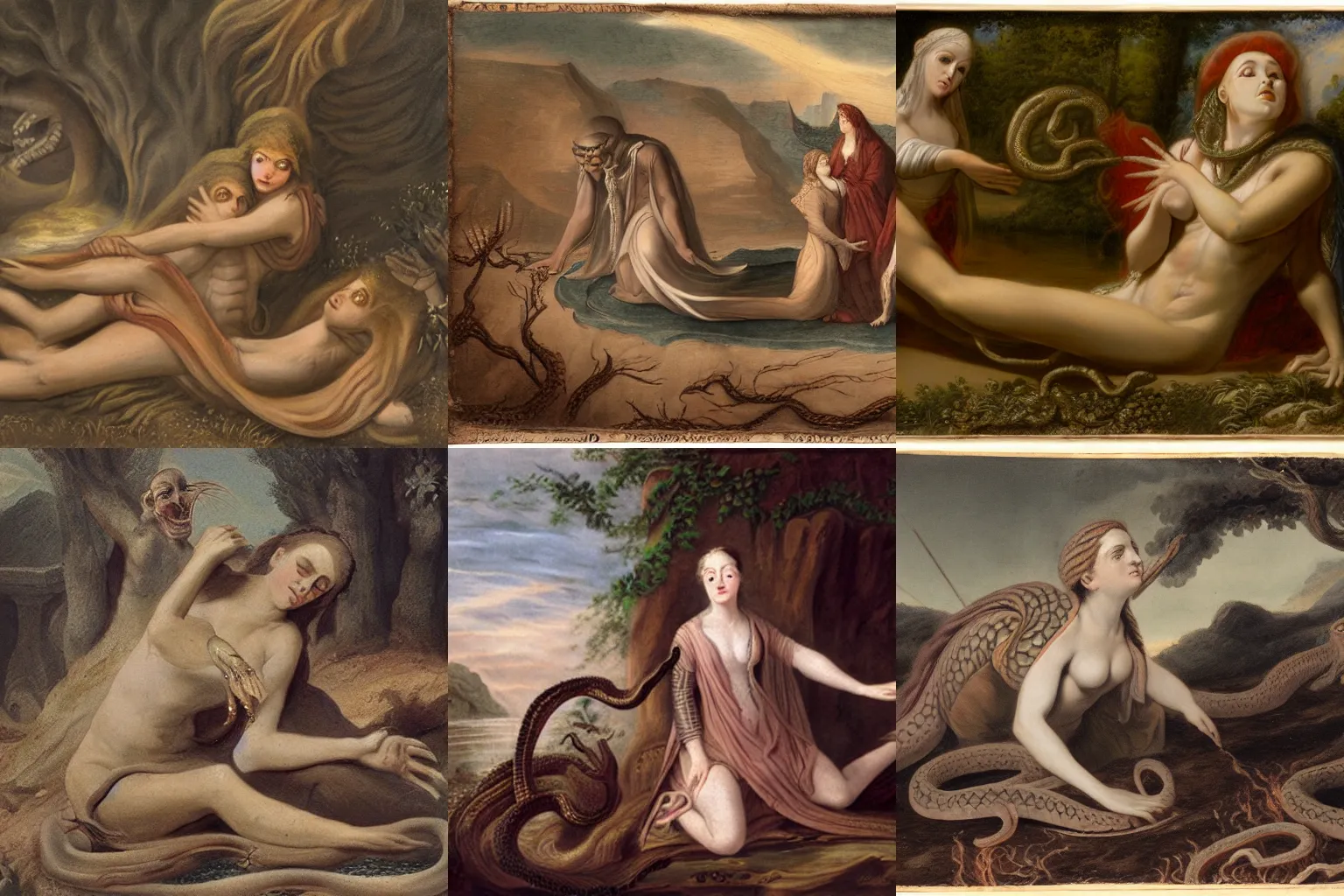 Prompt: The Lamia's Grief, matte painting, 1700s, snake woman