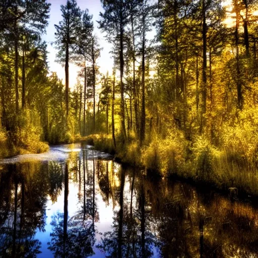 Image similar to river in a forest, golden hour, ray tracing reflection, 8k, hyper realistic, insainly detailed, hdr, octan render