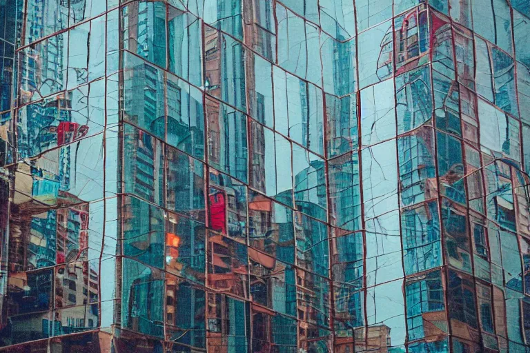 Image similar to outdoorsy guys club likes to look at the exteriors of urban architecture onion column shot by christopher doyle wong kar-wai film texture reflection through lit windows with slight drizzle trickling from them high definition film cinematography quality red blue