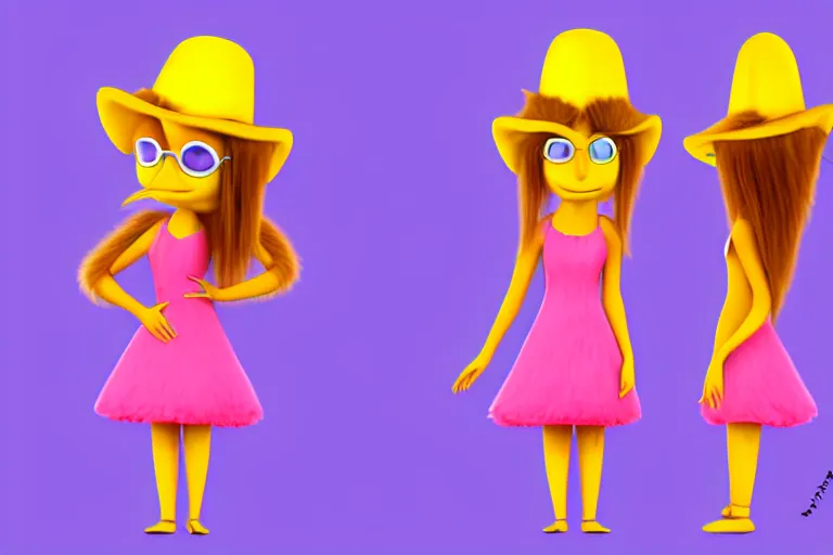 Prompt: detailed flat 2 d : marten character : wearing jewelry wearing pink dress wearing yellow hat : head torso legs feet : lorax movie : artstation