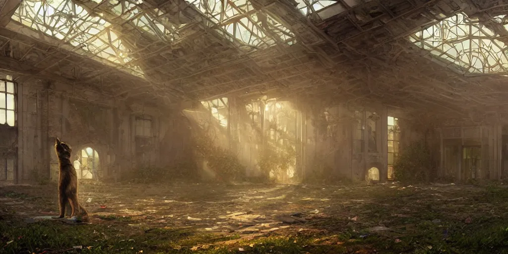 Image similar to cat enters abandoned derelict stadium, volumetric rays, wide angle, cinematic lighting, intricate, elegant, highly detailed, digital painting, artstation, sharp focus, illustration, art by artgerm and greg rutkowski and alphonse mucha and Wayne Barlowe and william-adolphe bouguereau