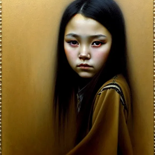 Image similar to beautiful portrait of a kazakh, ( emo ) girl, by casey baugh,, vladimir kush, yasunari ikenaga, yasar vurdem, william oxer