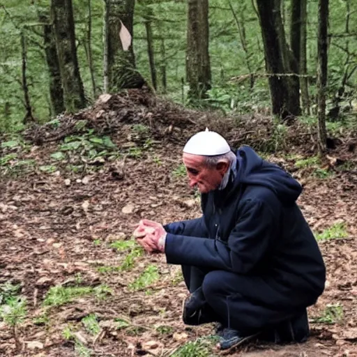 Image similar to paparazzi photo of the pope squatting in the woods.
