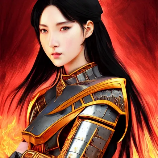 Image similar to portrait black hair young knights of Dynasty Warriors girl, metallic red armor, in ruin fire great wall sunset, ssci-fi and fantasy, intricate and very beautiful and elegant, highly detailed, digital painting, soft light, artstation, concept art, smooth and sharp focus, illustration, art by tian zi and WLOP and alphonse mucha