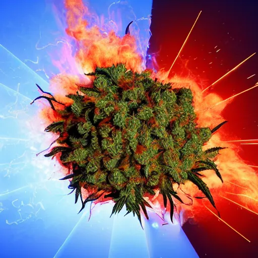 Image similar to exploding weed, fire, explosions, marijuana, fire, explosion render, 8k, trending on art station, 3D