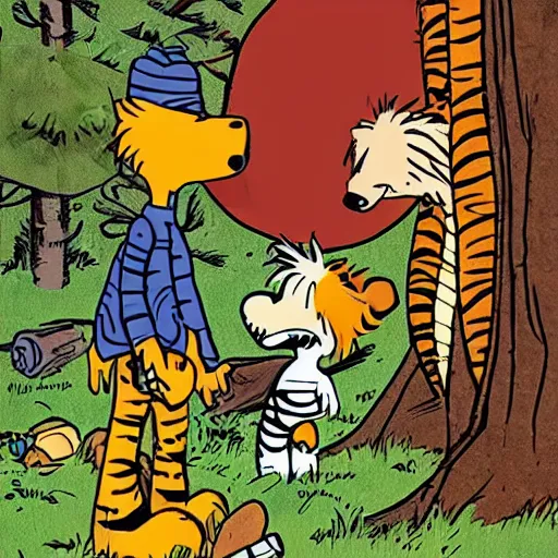 Image similar to Calvin and Hobbes camping in the forest