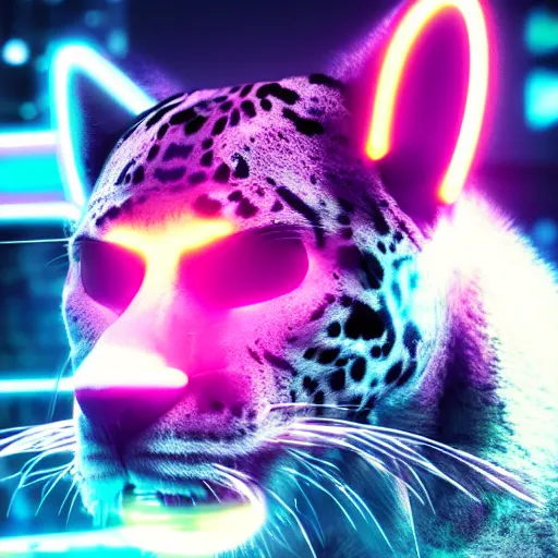 Prompt: portrait of a neon cyberpunk cyborg jaguar animal, octane render