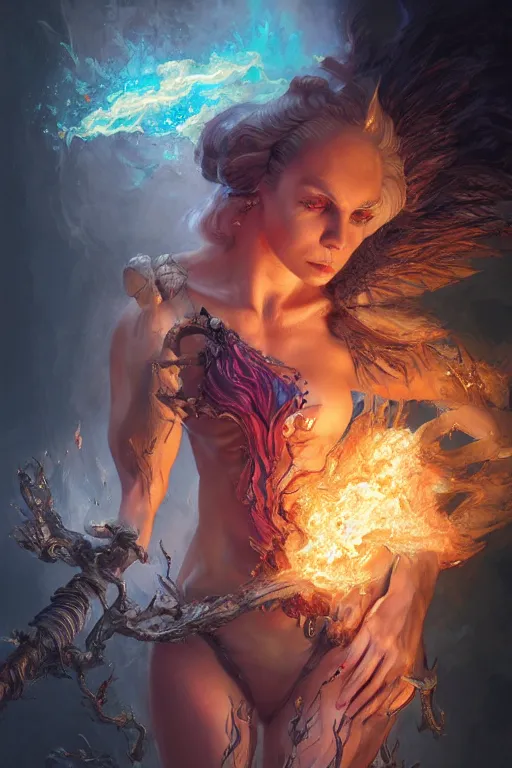 Prompt: torso closeup model wearing exploding fire & ice robe jewels, sorcerer, diamonds, angel, fantasy, dramatic lighting, highly detailed, digital painting, holding electricity, magic the gathering, hyper detailed, 3 d render, hyper realistic detailed portrait, peter mohrbacher, wlop, ruan jia