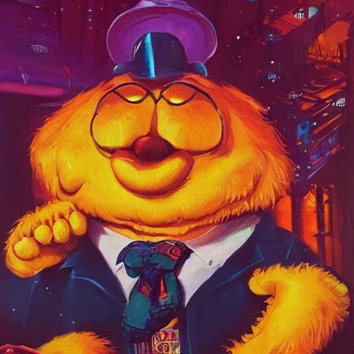 Image similar to a large anthropomorphic garfield by paul lehr and moebius