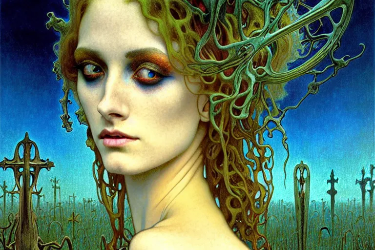 Image similar to realistic detailed portrait painting of a beautiful female zombie, nightly graveyard landscape background by Jean Delville, Amano, Yves Tanguy, Alphonse Mucha, Ernst Haeckel, Edward Robert Hughes, Roger Dean, masterpiece, cinematic composition, dramatic pose, 4k details, rich moody colours, blue eyes