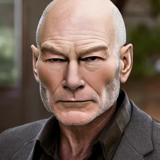 Image similar to a man who is a genetic combination of patrick stewart and jonathan frakes and levar burton and michael dorn and brent spiner, face and upper - body focus, detailed eyes