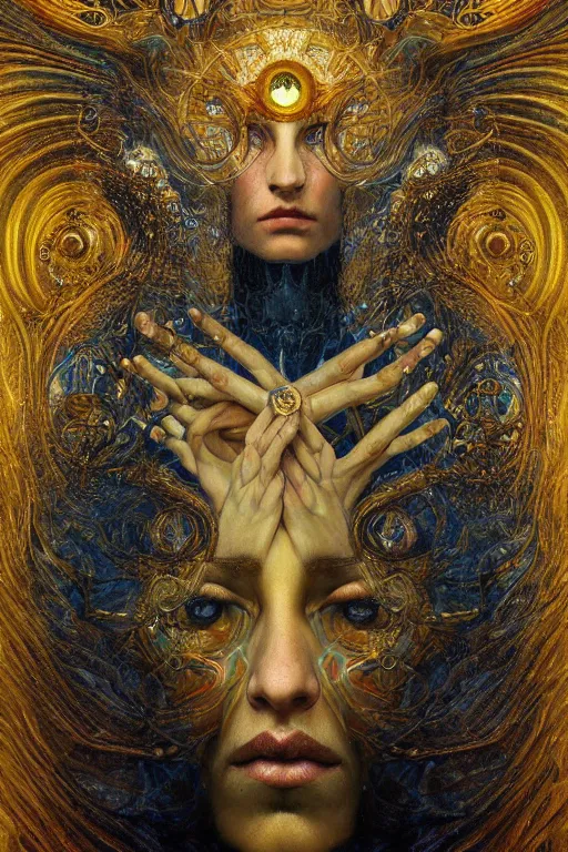 Image similar to Divine Chaos Engine by Karol Bak, Jean Deville, Gustav Klimt, and Vincent Van Gogh, beautiful visionary mystical portrait, sacred, otherworldly, fractal structures, dreamscape, ornate gilded medieval icon, third eye, spirals