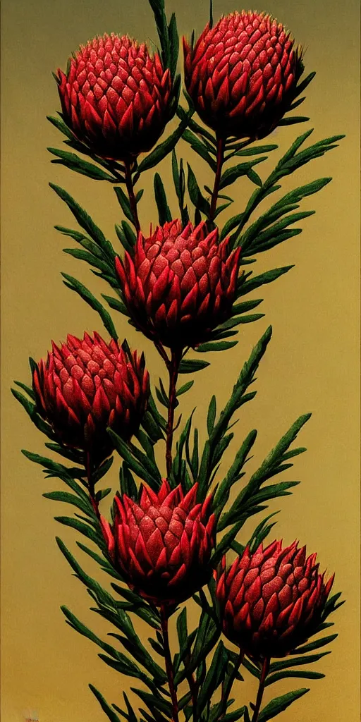 Image similar to detailed king proteas and pincushions against a black backdrop by martin johnson heade, artstation