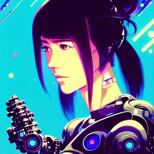 Image similar to side portrait scifi cyborg girl with robotic parts and spacesuit | | head only in center of image, audrey plaza, fine detail!! anime!! realistic shaded lighting!! poster by ilya kuvshinov katsuhiro otomo ghost - in - the - shell, magali villeneuve, artgerm, jeremy lipkin and michael garmash and rob rey