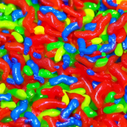 Image similar to using gummi - worm bait to fish for swedish - fish hyperdetailed, hd, 8 k, pixar style