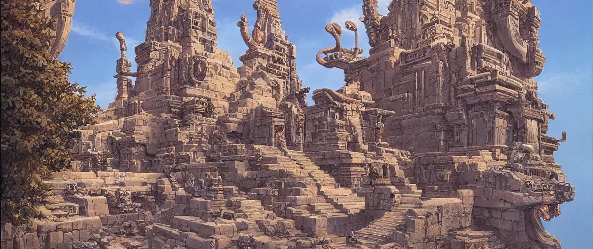 Image similar to A beautiful temple in honor of ancient Feline warriors by Robert McCall and Ralph McQuarrie | sparth:.2 | Time white:.2 | Graphic Novel, Visual Novel, Colored Pencil, Comic Book:.3 | unreal engine:.5 | establishing shot