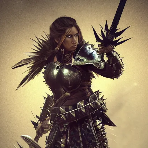 Prompt: female warrior with spiky armour with a mace, highly detailed, dramatic lighting, cinematic, 4k