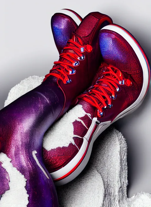 Image similar to hyperrealistic and heavy detailed product photo off white boot of thanos ( marvel comics ), in front of white back drop, whole shoe is in picture, leica sl 2 5 0 mm, vivid color, high quality, high textured, real life