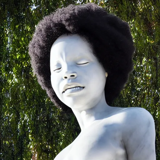 Prompt: a photorealistic all white marble sculpture of a black girl in a afro crying