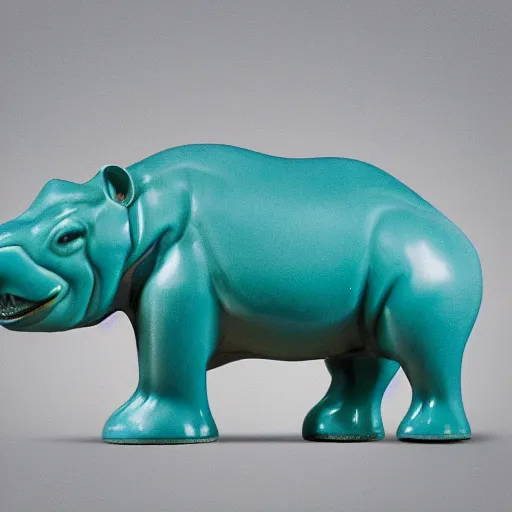Image similar to a smooth glossy museum - quality hippopotamus made of polished wood and teal blue ceramic, hd photograph, matte gray background