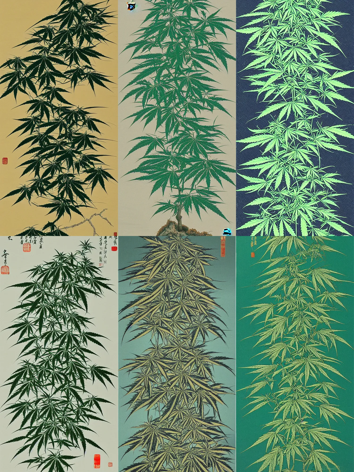 Prompt: A modern fine-art Chinese shanshui painting of cannabis tree