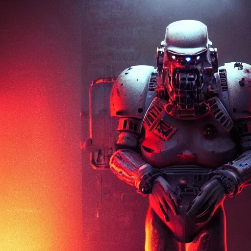 Image similar to cyberpunk rock golem as a space marine smoking a cigarette, still from the movie predator, fog, dramatic lighting, cinematic, 4 k, full body shot, spotlight from above, rim lighting, full body photgraph, shap, football armor, cyberpunk, bladerunner, extreme detail, light rain, trending on artstation, spot light