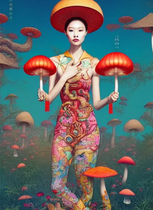 Image similar to pretty chinese model with hallucination mushroom : : by martine johanna and simon stalenhag and chie yoshii and casey weldon and wlop : : ornate, dynamic, particulate, rich colors, intricate, elegant, highly detailed, centered, vogue, harper's bazaar art, fashion magazine, smooth, sharp focus, octane render, 8 k