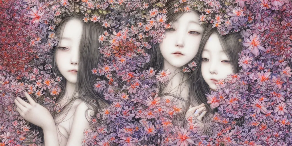 Prompt: breathtaking detailed concept art painting pattern blend of flowers and girls, by miho hirano, bizarre compositions, exquisite detail, pastel colors, 8 k