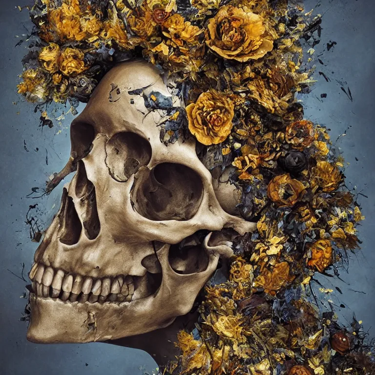 Image similar to A beautiful oil painting hyperrealism of a decayed black head, rotting black clay skin, skull bones, gold flowers, gold floral headdress, 8k resolution, octane render, Trending on artstation, by Gediminas Pranckevicius, volumetric light 2blue fractal Thunder glow by dan mumford, anaglyph effect, Laurie Lipton