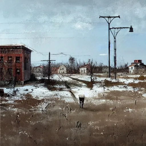 Image similar to painting of a abandoned post soviet town by jakub rozalski