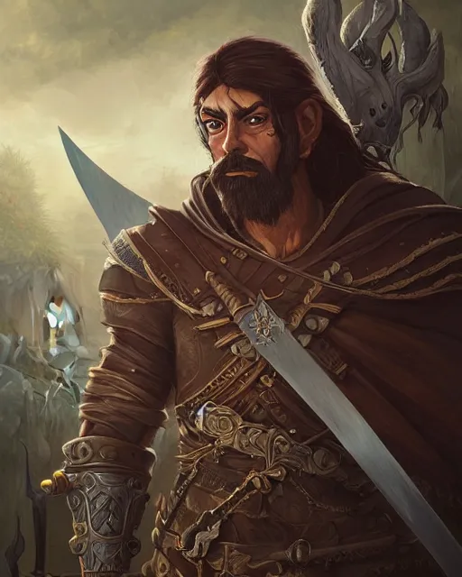 Image similar to digital painting of hernan cortes as a dark elven warrior by filipe pagliuso and justin gerard, symmetric, fantasy, detailed, intricate, portrait, sharp focus, tarot card, studio ghibli color scheme, handsome, concept art, alluring