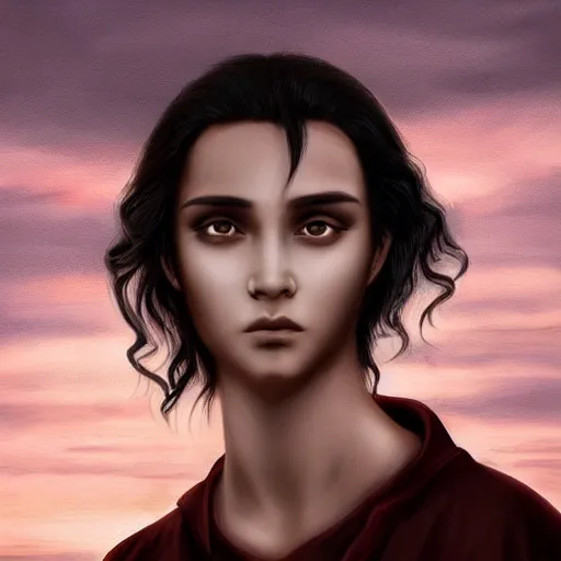 Image similar to a young priest with long black hair, fair skin like porcelain, dark melancholic eyes, stunning beautiful. digital art. very detailed. fantasy. sunset.