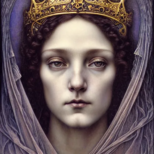 Image similar to detailed realistic beautiful young medieval queen face portrait by jean delville, tom bagshaw, brooke shaden, gustave dore and marco mazzoni, art nouveau, symbolist, visionary, gothic, pre - raphaelite, ornate gilded medieval icon, surreality, ethereal, unearthly, haunting, celestial, neo - gothic, ghostly, memento mori, nightmare