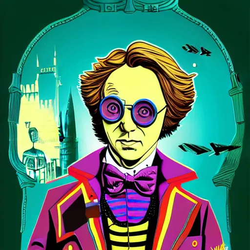 Prompt: graphic illustration, creative design, willy wonka as harry potter, biopunk, francis bacon, highly detailed, hunter s thompson, concept art