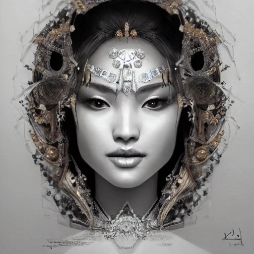 Image similar to Beautiful detailed portrait of an exotic goddess by Nick Silva, Shin JeongHo, Wandah Kurniawan, Symmetrical composition with people centered, realistic proportions, trending on artstation