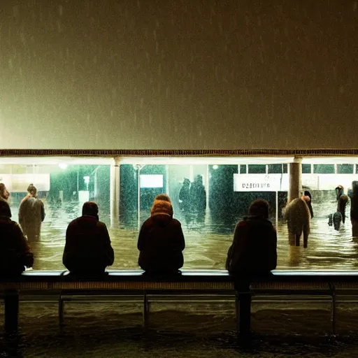 Prompt: a some people waiting in a lone bus stop in quiet dark city night at flooded world in Interstellar movie, high quality, high resolution,detailed