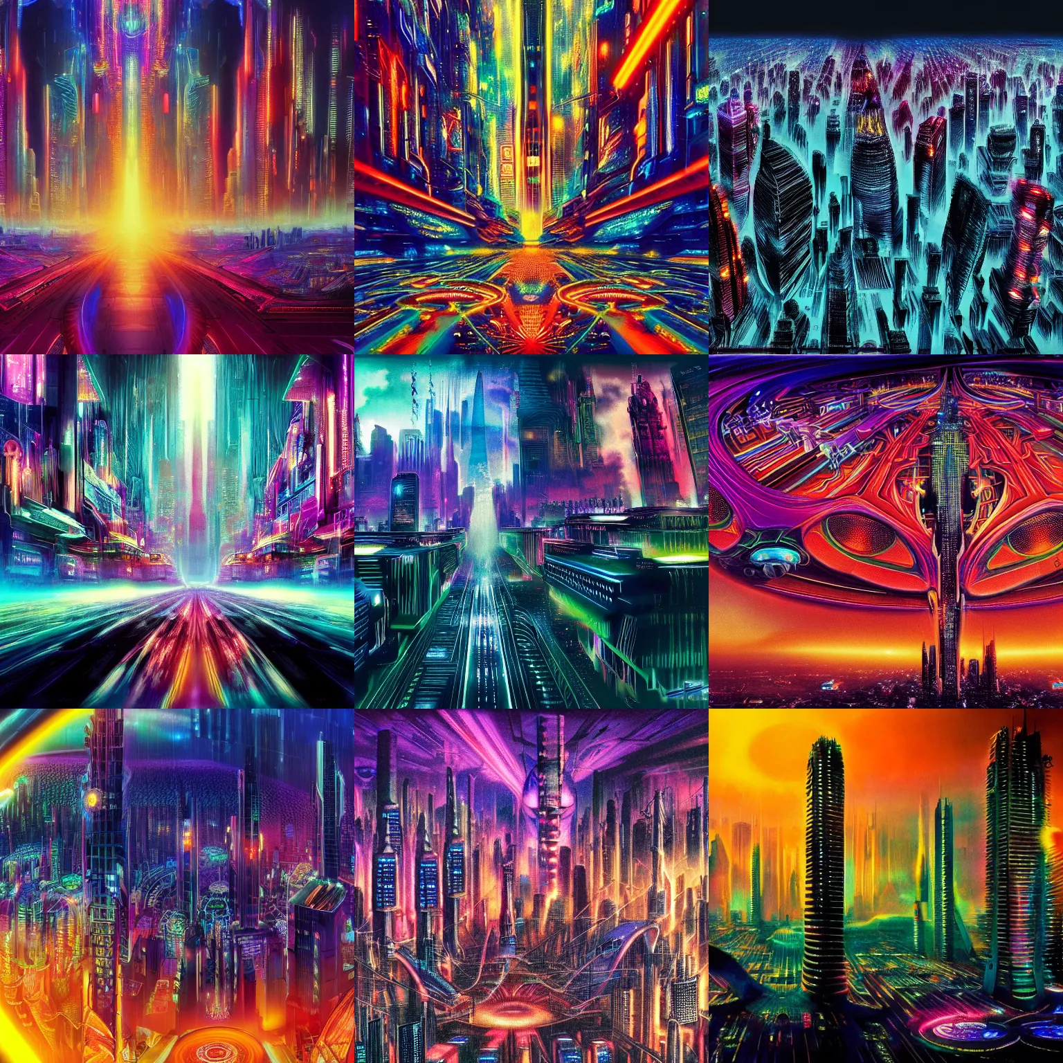 Prompt: psychedelic futuristic city at dawn, bladerunner, stunning, award winning, alex grey, 4 k