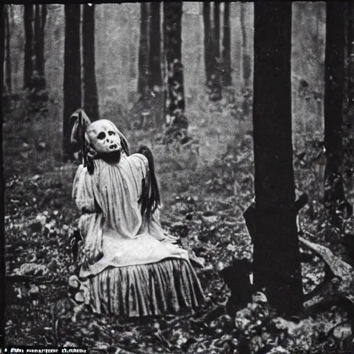 Prompt: spooky 1860 photo of an ancient girl demon devouring the the soul of the human kind on a dark forest