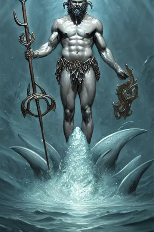 Image similar to poseidon humanoid god of the sea, trident, highly detailed, d & d, fantasy, highly detailed, digital painting, trending on artstation, concept art, sharp focus, illustration, art by artgerm and greg rutkowski and magali villeneuve