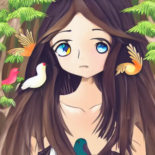 Prompt: Art Anime Girl At A Beautiful Forest With Birds