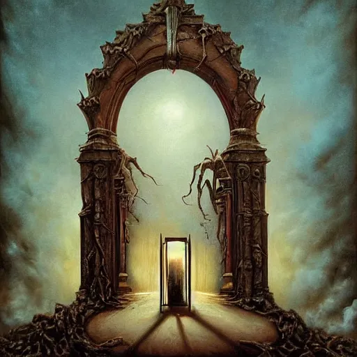 Image similar to In the center of the painting is a large gateway that seems to lead into abyss of darkness. On either side of the gateway are two figures, one a demon-like creature, the other a skeletal figure. by Mark Ryden, by Briton Rivière elaborate