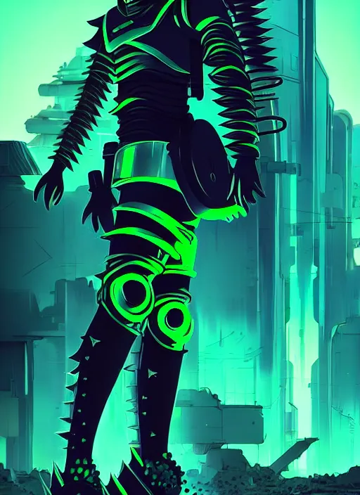 Image similar to a striking cinematic anime full body portrait of a male warrior with long blonde hair and blue eyes wearing evil green spiked cyberpunk armour and standing in the desolate burning ruins of a futuristic city by hirohiko araki and beeple, fine details, digital art, character concept art