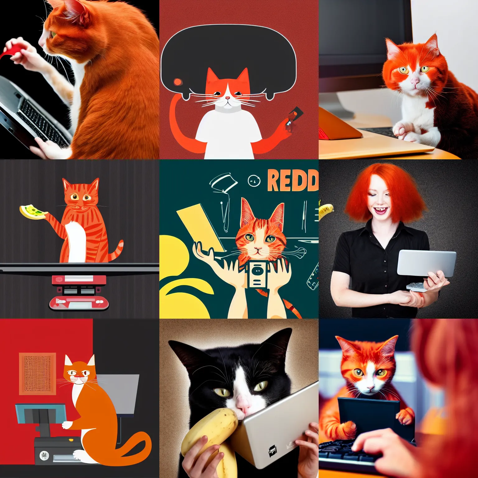 Image similar to happy red - haired cat using a computer, viewed while eating a banana, black background, retro design, high quality detailed image